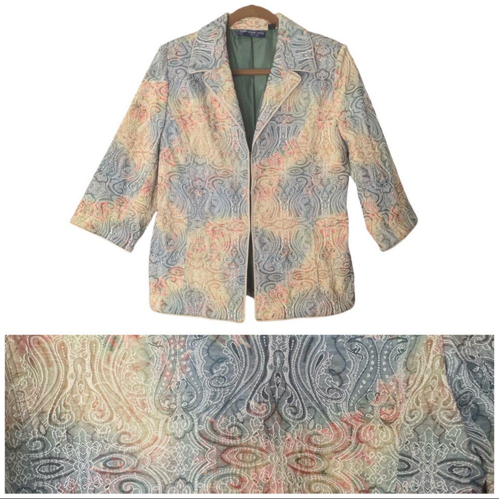 SUSAN GRAVER Pastel Floral Brocade Jacket 3/4 Sleeve Fully Lined Designer MED